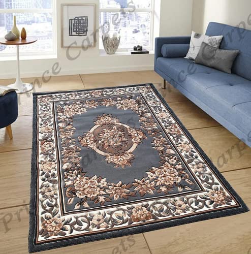 Prince Carpets Embossed Carved Supersoft Wool Blend Modern Design Carpets for Living Room Home Bedroom Drawing Room Hall with 1 inch Thickness Grey Color 4 x 5 feet