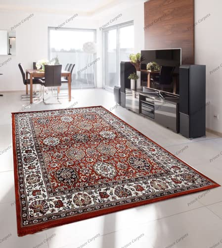 Prince Carpets Kashmiri Supersoft Wool Blend Persian Carpet for Living Room Bedroom Dining Room Hall with 15mm Thickness Non Slip Washable Carpet Rust Color 8 x 11 feet