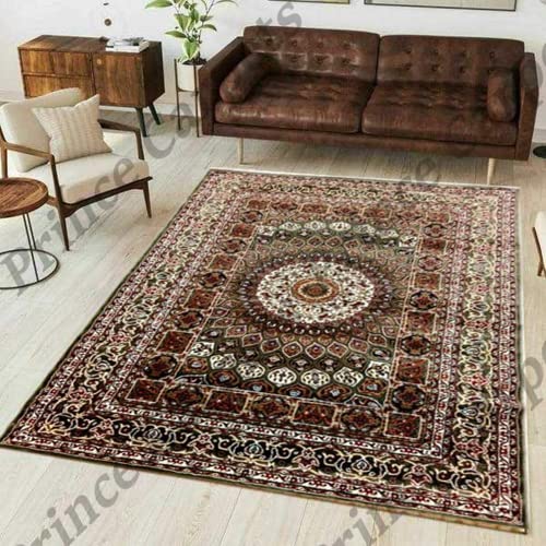 Prince Carpets Kashmiri Supersoft Wool Blend Persian Carpet for Living Room Bedroom Dining Room Hall with 15mm Thickness Non Slip Washable Carpet Green Color 9 x 12 feet