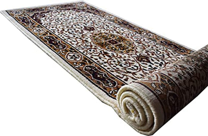 Prince Carpets Kashmiri Supersoft Wool Blend Persian Design Carpet for Living Room Bedroom Drawing Room Hall Anti Slip Backing Thick Washable Carpet White Color 2 x 6 feet