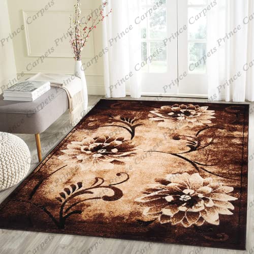 Prince Carpets Embossed Carved Supersoft Wool Blend Modern Design Carpets for Living Room Home Bedroom Drawing Room Hall with 1 inch Thickness Brown Color 5 x 7 feet