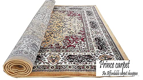Prince Carpets Kashmiri Supersoft Wool Blend Persian Carpet for Living Room Bedroom Dining Room Hall with 15mm Thickness Non Slip Washable Carpet Gold Color 6 x 9 feet