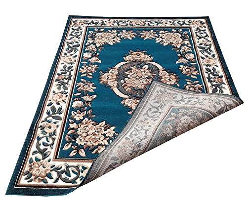 Prince Carpets Embossed Carved Supersoft Wool Blend Modern Design Carpets for Living Room Home Bedroom Drawing Room Hall with 1 inch Thickness Blue Color 5x7 feet