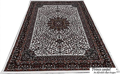 Prince Carpets Kashmiri Supersoft Wool Blend Persian Carpet for Living Room Bedroom Dining Room Hall with 15mm Thickness Non Slip Washable Carpet White Color 9 x 12 feet
