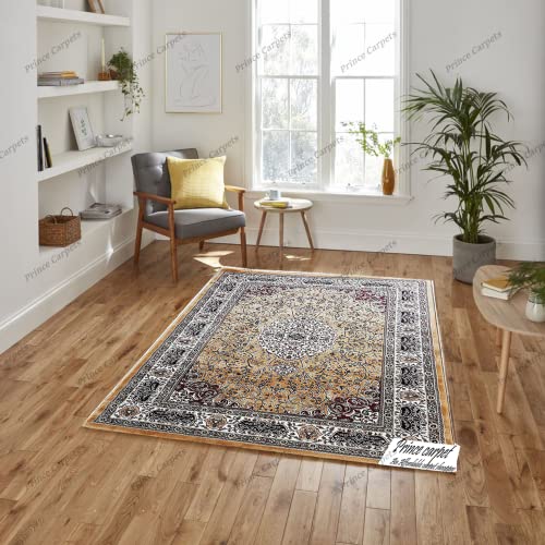 Prince Carpets Kashmiri Supersoft Wool Blend Persian Carpet for Living Room Bedroom Dining Room Hall with 15mm Thickness Non Slip Washable Carpet Gold Color 9 x 12 feet