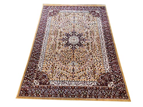 Prince Carpets Kashmiri Supersoft Wool Blend Persian Carpet for Living Room Bedroom Dining Room Hall with 15mm Thickness Non Slip Washable Carpet Gold Color 6 x 9 feet