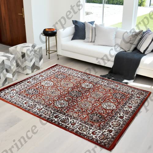 Prince Carpets Kashmiri Supersoft Wool Blend Persian Carpet for Living Room Bedroom Dining Room Hall with 15mm Thickness Non Slip Washable Carpet Rust Color 8 x 11 feet