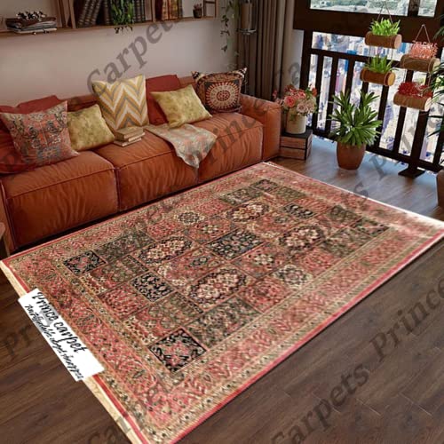 Prince Carpets Supersoft Kashmiri Silk Luxury Persian Design Anti Skid Backing Washable Carpets for Living Room Bedroom Drawing Room Hall Home Pink Color 5 x7 feet