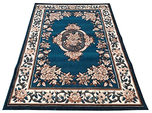 Prince Carpets Embossed Carved Supersoft Wool Blend Modern Design Carpets for Living Room Home Bedroom Drawing Room Hall with 1 inch Thickness Blue Color 5x7 feet