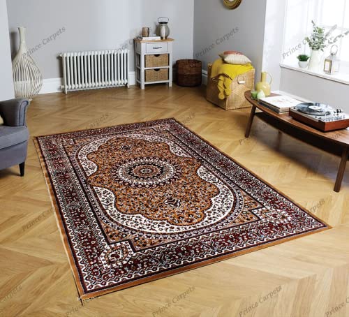 Prince Carpets Kashmiri Supersoft Wool Blend Persian Carpet for Living Room Bedroom Dining Room Hall with 15mm Thickness Non Slip Washable Carpet Gold Color 8 x 11 feet