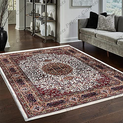 Prince Carpets Kashmiri Supersoft Wool Blend Persian Carpet for Living Room Bedroom Dining Room Hall with 15mm Thickness Non Slip Washable Carpet White Color 9 x 12 feet