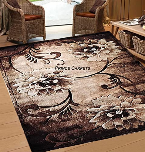 Prince Carpets Embossed Carved Supersoft Wool Blend Modern Design Carpets for Living Room Home Bedroom Drawing Room Hall with 1 inch Thickness Brown Color 6 x 8 feet