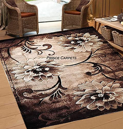 Prince Carpets Embossed Carved Supersoft Wool Blend Modern Design Carpets for Living Room Home Bedroom Drawing Room Hall with 1 inch Thickness Brown Color 6 x 8 feet