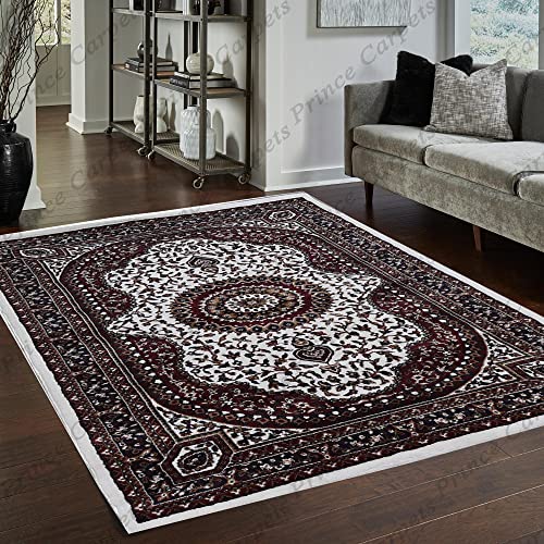 Prince Carpets Kashmiri Supersoft Wool Blend Persian Carpet for Living Room Bedroom Dining Room Hall with 15mm Thickness Non Slip Washable Carpet White Color 9 x 12 feet