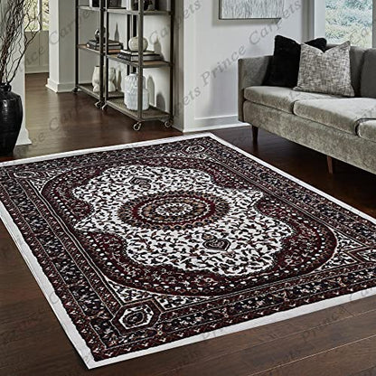 Prince Carpets Kashmiri Supersoft Wool Blend Persian Carpet for Living Room Bedroom Dining Room Hall with 15mm Thickness Non Slip Washable Carpet White Color 9 x 12 feet