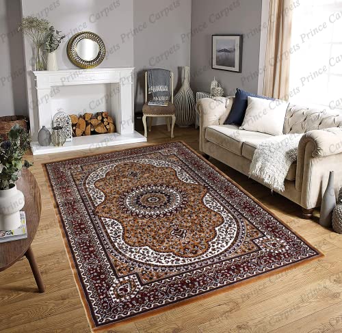 Prince Carpets Kashmiri Supersoft Wool Blend Persian Carpet for Living Room Bedroom Dining Room Hall with 15mm Thickness Non Slip Washable Carpet Gold Color 8 x 11 feet