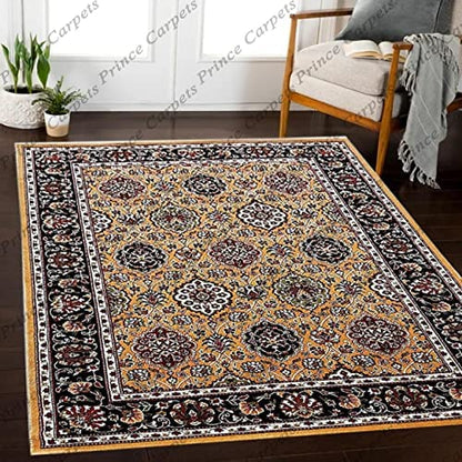 Prince Carpets Kashmiri Supersoft Wool Blend Persian Carpet for Living Room Bedroom Dining Room Hall with 15mm Thickness Non Slip Washable Carpet Gold Color 6 x 9 feet