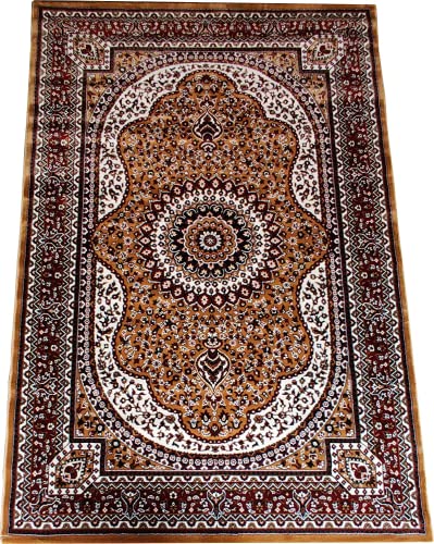 Prince Carpets Kashmiri Supersoft Wool Blend Persian Carpet for Living Room Bedroom Dining Room Hall with 15mm Thickness Non Slip Washable Carpet Gold Color 8 x 11 feet