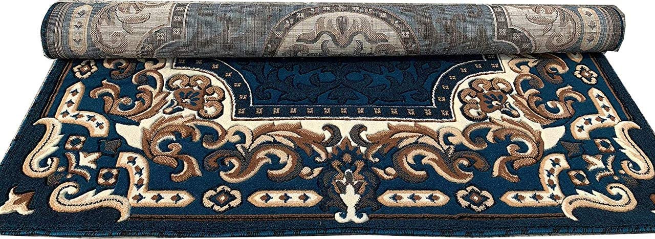 Prince Carpets Embossed Carved Wool Blend Persian Design Carpets for Living Room Home Bedroom Drawing Room Hall with 1 inch Thickness Blue Color 5 x 7 feet