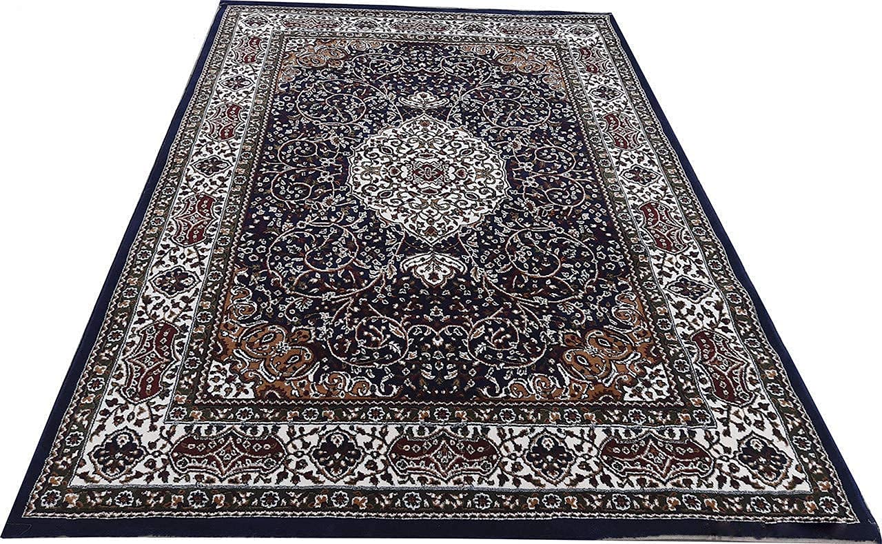 Prince Carpets Kashmiri Supersoft Wool Blend Persian Design Carpet for Living Room Bedroom Drawing Room Hall Anti Slip Backing Thick Washable Carpet Blue Color 6 x 9 feet