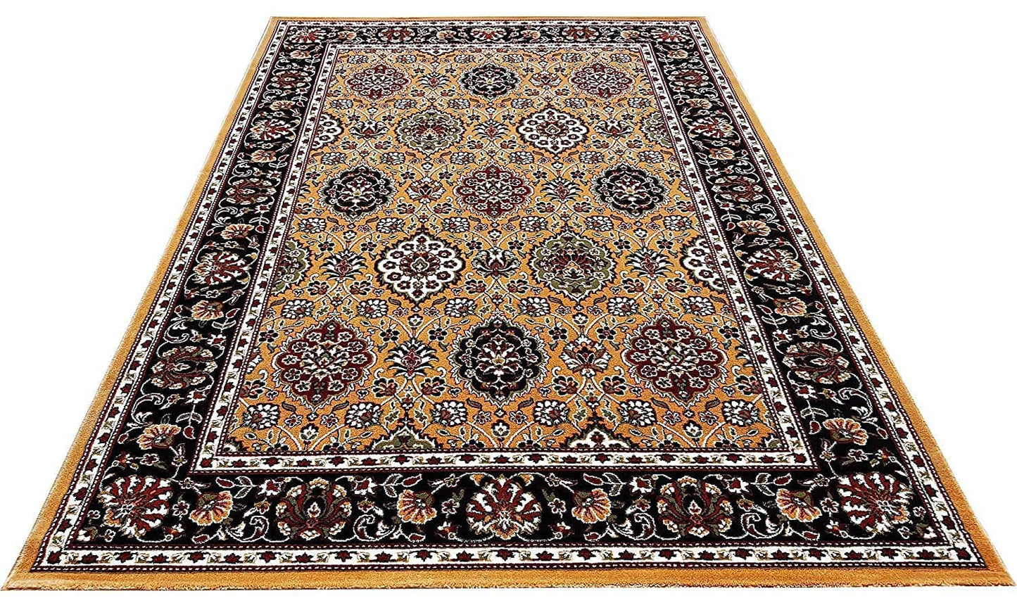 Prince Carpets Kashmiri Supersoft Wool Blend Persian Carpet for Living Room Bedroom Dining Room Hall with 15mm Thickness Non Slip Washable Carpet Gold Color 6 x 9 feet