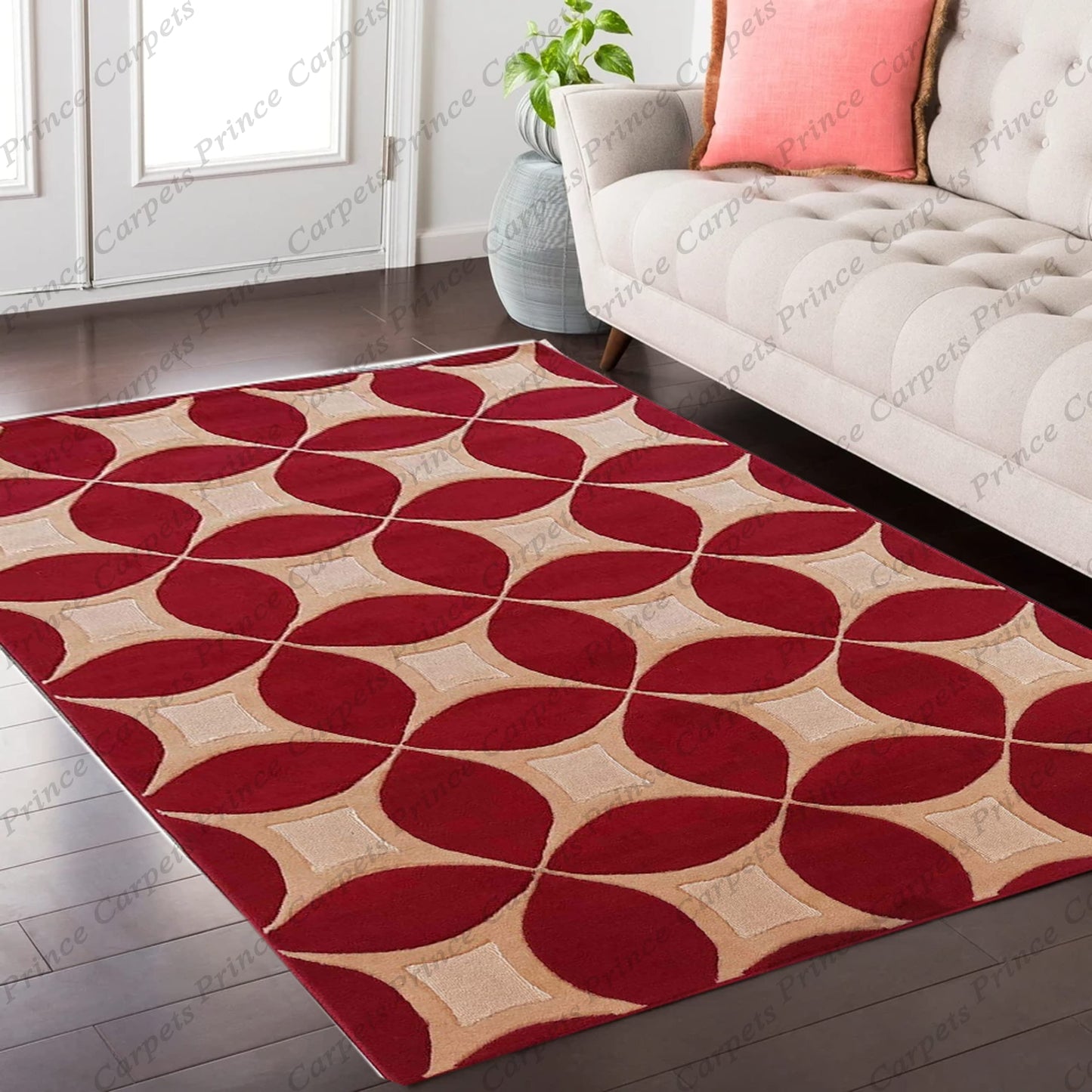 Prince Carpets Embossed Carved Supersoft Wool Blend Modern Design Carpets for Living Room Home Bedroom Drawing Room Hall with 1 inch Thickness Red Color 6 x 8 feet