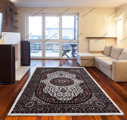 Prince Carpets Kashmiri Supersoft Wool Blend Persian Carpet for Living Room Bedroom Dining Room Hall with 15mm Thickness Non Slip Washable Carpet White Color 5 x 7 feet