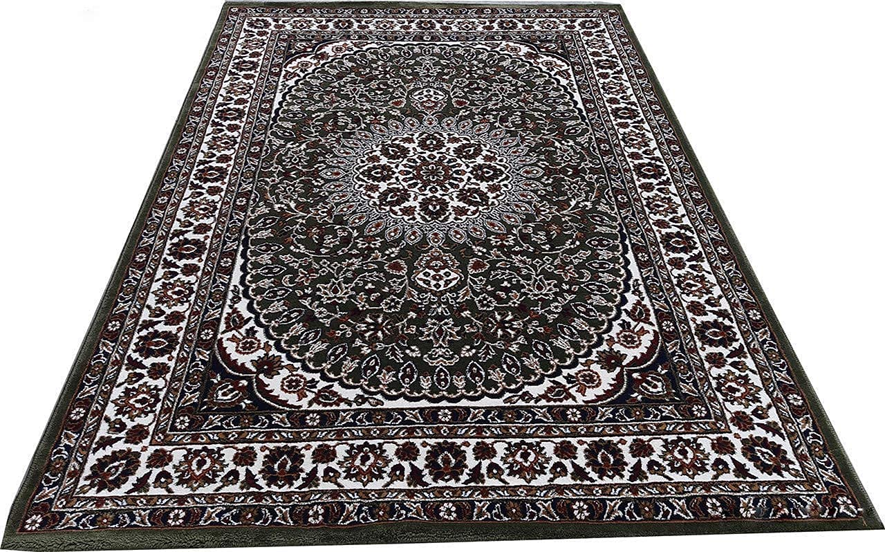 Prince Carpets Kashmiri Supersoft Wool Blend Persian Design Carpet for Living Room Bedroom Drawing Room Hall Anti Slip Backing Thick Washable Carpet Green Color 6 x 9 feet