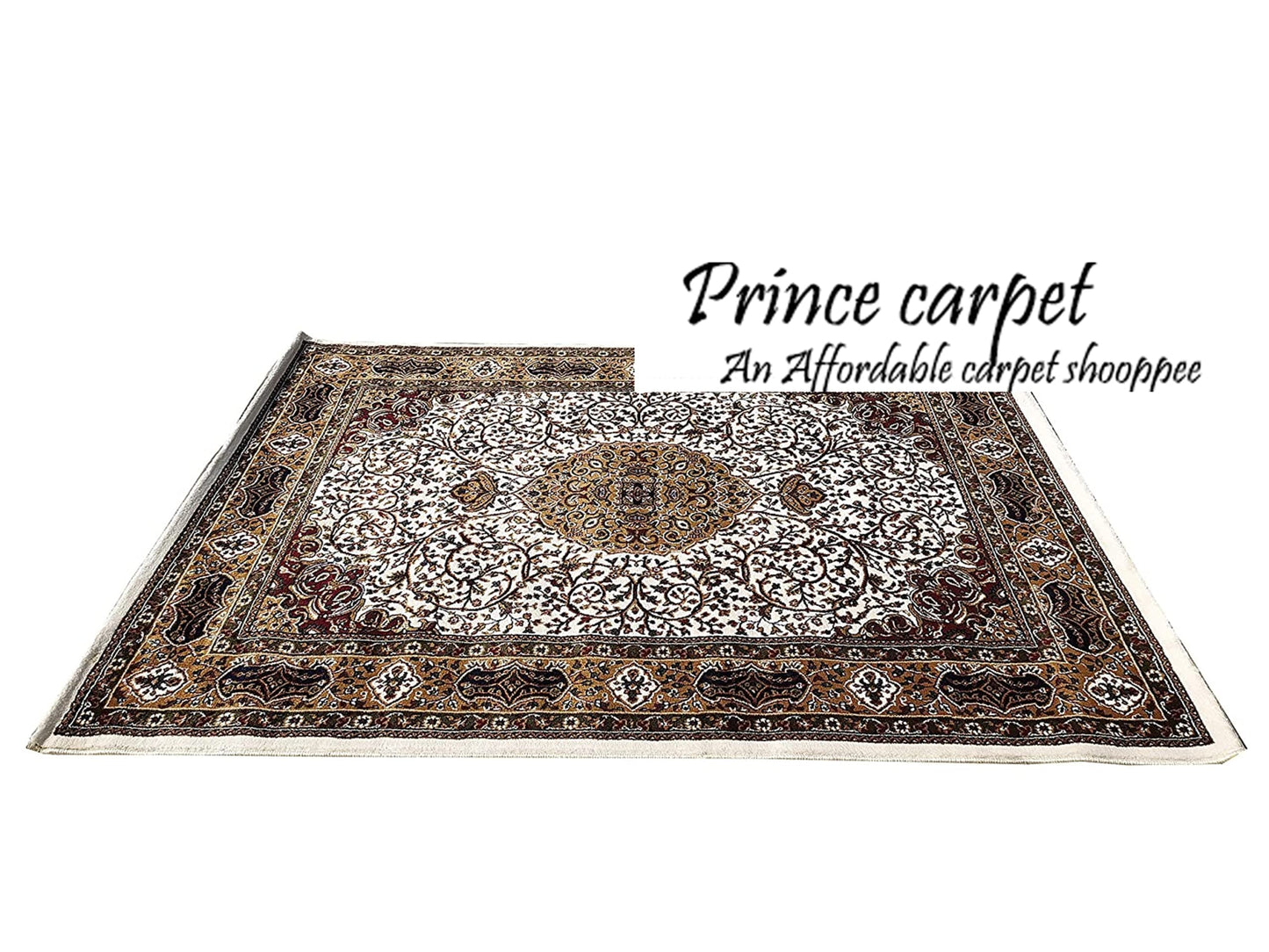 Prince Carpets Kashmiri Supersoft Wool Blend Persian Carpet for Living Room1 inch Thickness Anti Skid Washable Carpet White Color 8 x 11 feet
