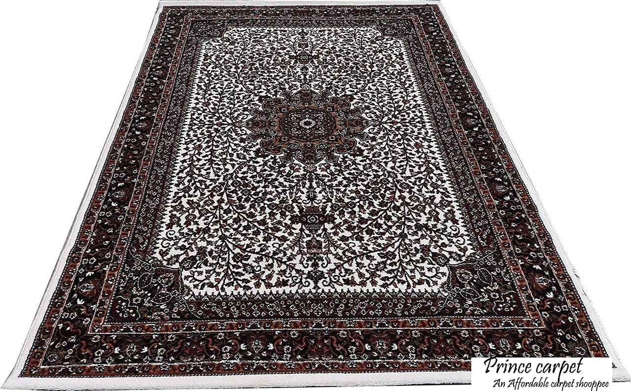 Prince Carpets Kashmiri Supersoft Wool Blend Persian Design Carpet for Living Room Bedroom Drawing Room Hall Anti Slip Backing Thick Washable Carpet White Color 6 x 9 feet