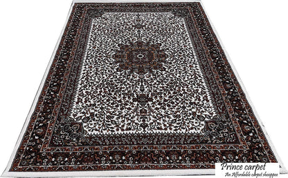 Prince Carpets Kashmiri Supersoft Wool Blend Persian Design Carpet for Living Room Bedroom Drawing Room Hall Anti Slip Backing Thick Washable Carpet White Color 6 x 9 feet