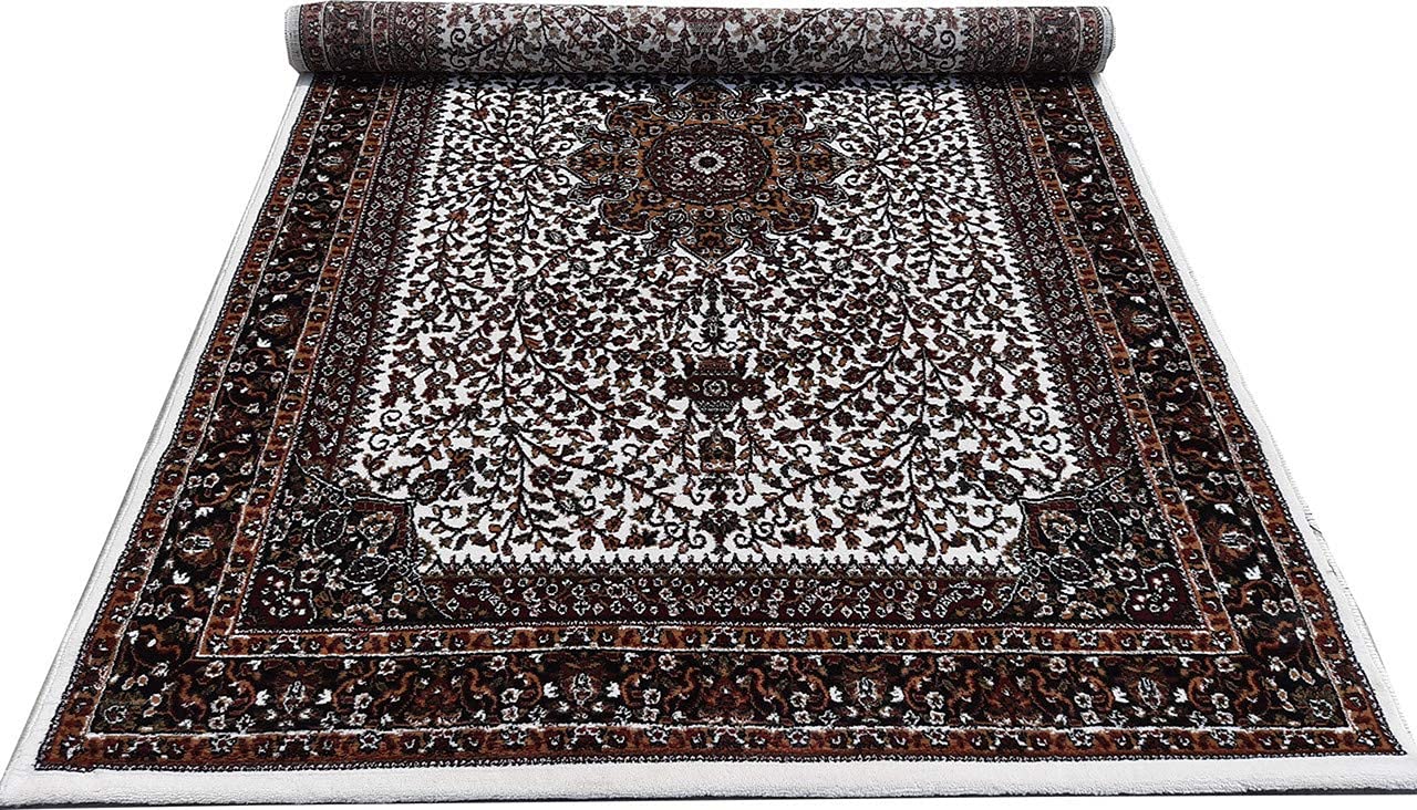 Prince Carpets Kashmiri Supersoft Wool Blend Persian Design Carpet for Living Room Bedroom Drawing Room Hall Anti Slip Backing Thick Washable Carpet White Color 6 x 9 feet