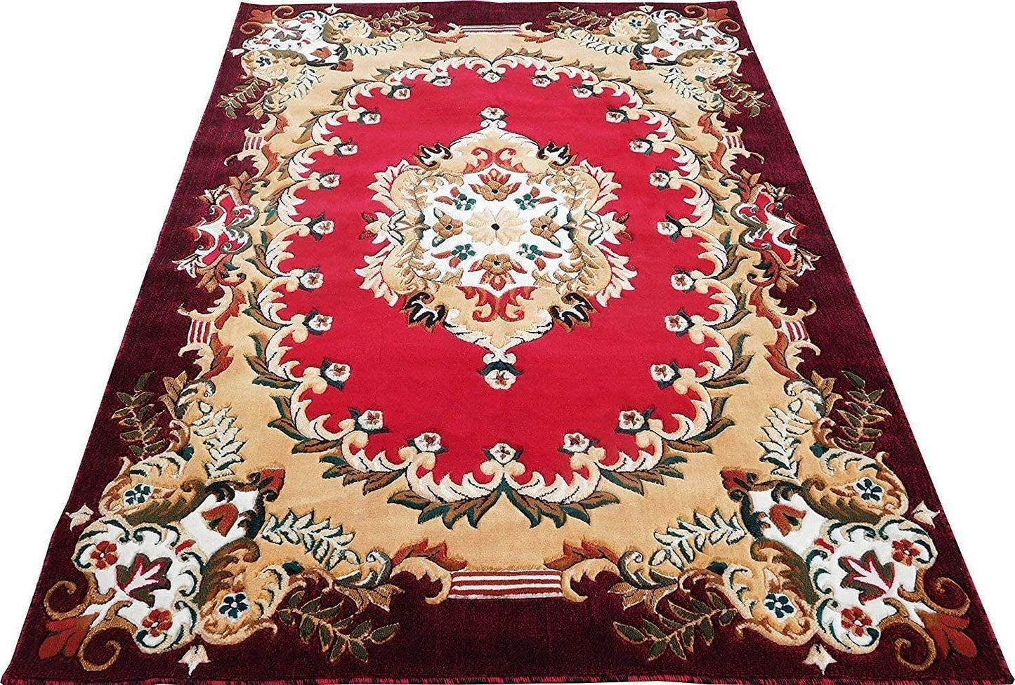 Prince Carpets Embossed Carved Supersoft Wool Blend Modern Design Carpets for Living Room Home Bedroom Drawing Room Hall with 1 inch Thickness Red Color 4 x 5 feet