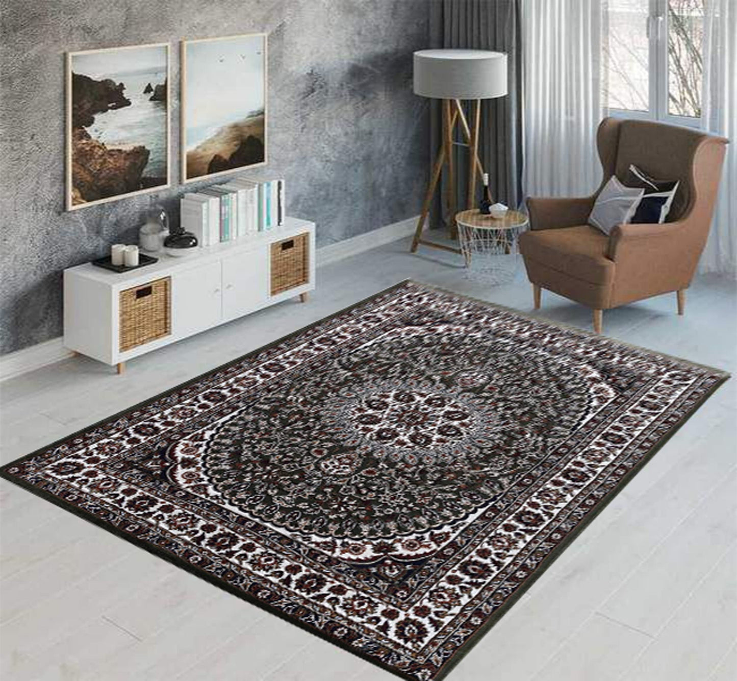 Prince Carpets Kashmiri Supersoft Wool Blend Persian Carpets for Living Room 1 inch Thick Washable Carpet Green Color 8 x 11 feet