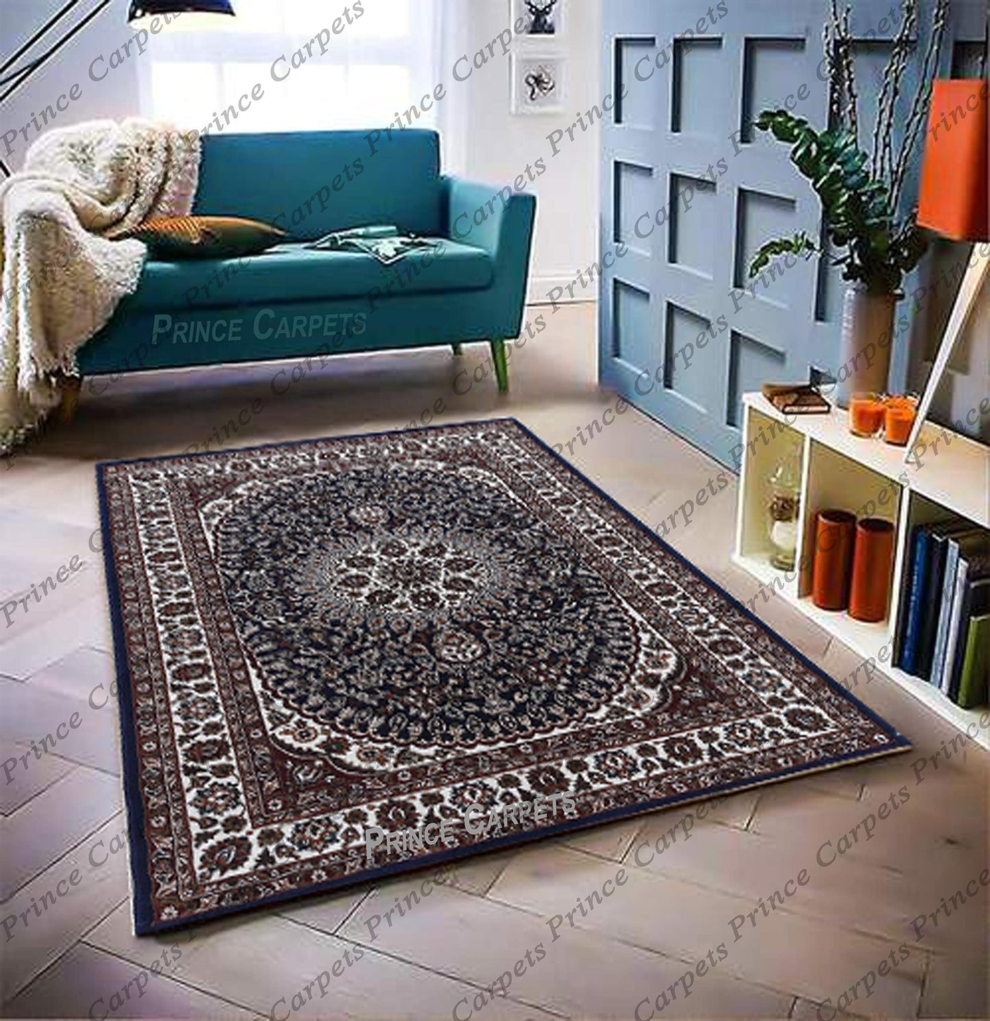 Prince Carpets Kashmiri Supersoft Wool Blend Persian Carpet for Living Room Bedroom Dining Room Hall with 15mm Thickness Non Slip Washable Carpet Blue Color 5 x 7 feet