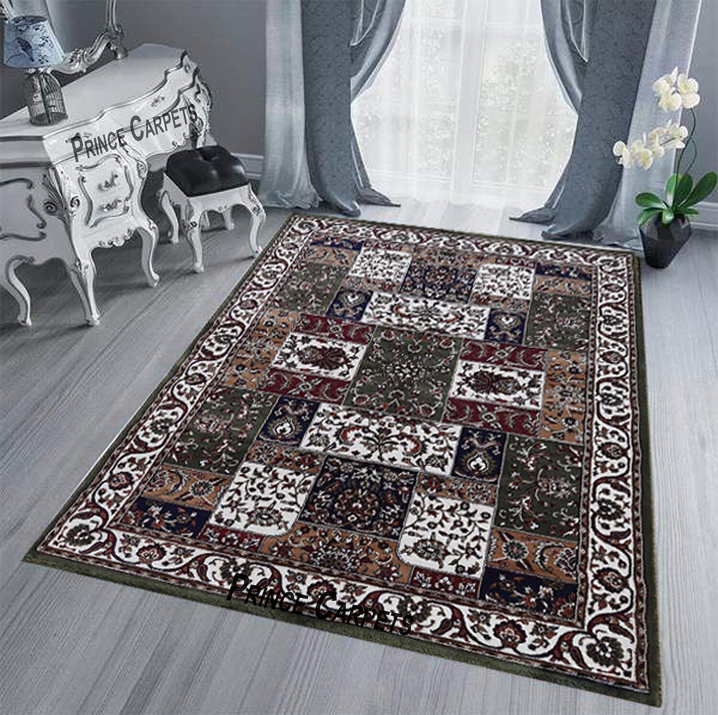 Prince Carpets Kashmiri Supersoft Wool Blend Persian Design Carpet for Living Room Bedroom Drawing Room Hall Anti Slip Backing Thick Washable Carpet Green Color 6 x 9 feet