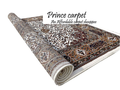 Prince Carpets Kashmiri Supersoft Wool Blend Persian Carpet for Living Room1 inch Thickness Anti Skid Washable Carpet White Color 8 x 11 feet
