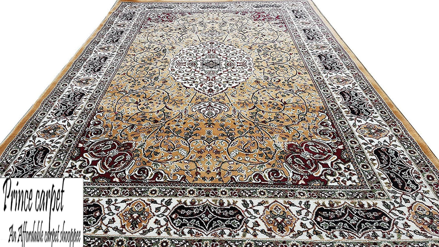 Prince Carpets Kashmiri Supersoft Wool Blend Persian Carpet for Living Room Bedroom Dining Room Hall with 15mm Thickness Non Slip Washable Carpet Gold Color 8 x 11 feet