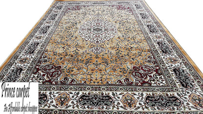Prince Carpets Kashmiri Supersoft Wool Blend Persian Carpet for Living Room Bedroom Dining Room Hall with 15mm Thickness Non Slip Washable Carpet Gold Color 8 x 11 feet