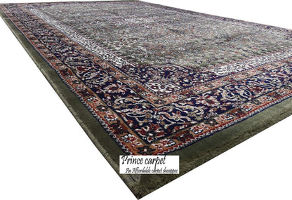 Prince Carpets Kashmiri Supersoft Wool Blend Persian Carpet for Living Room Bedroom Dining Room Hall with 15mm Thickness Non Slip Washable Carpet Green Color 9 x 12 feet