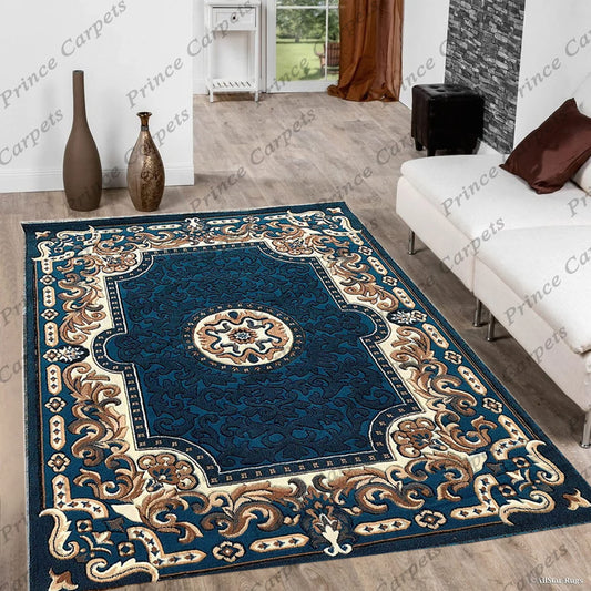 Prince Carpets Embossed Carved Wool Blend Persian Design Carpets for Living Room Home Bedroom Drawing Room Hall with 1 inch Thickness Blue Color 5 x 7 feet