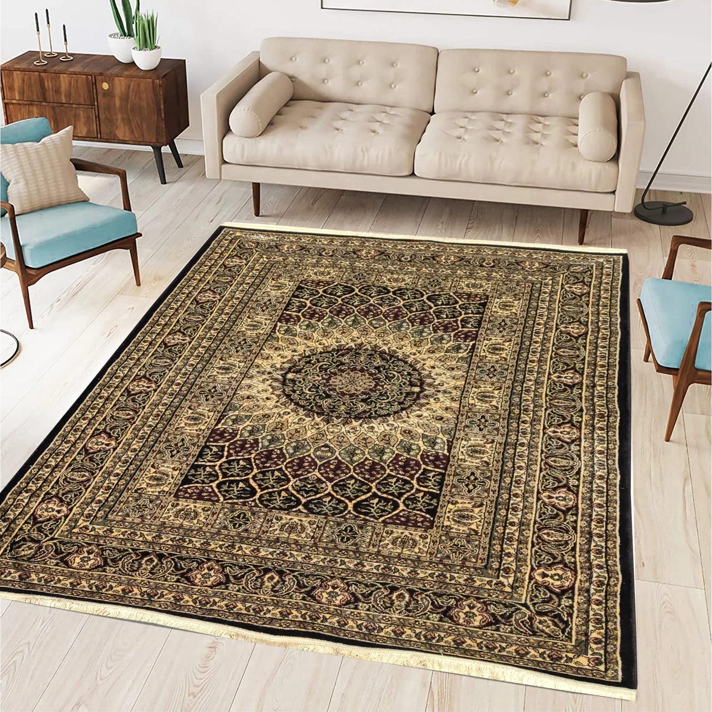 Prince Carpets Supersoft Kashmiri Silk Luxury Persian Design Anti Skid Backing Washable Carpets for Living Room Bedroom Drawing Room Hall Home Black Color 2 x 6 feet