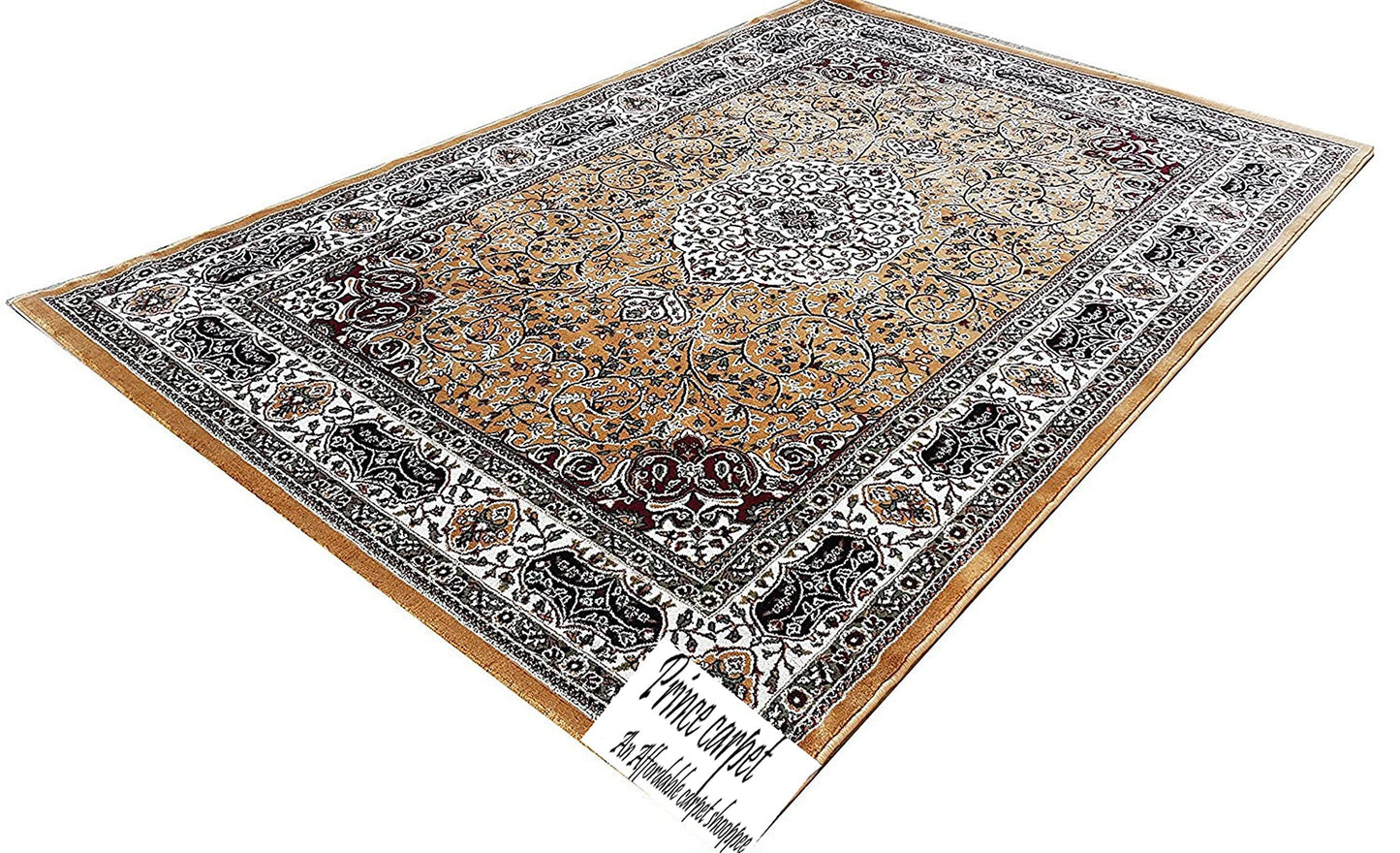 Prince Carpets Kashmiri Supersoft Wool Blend Persian Carpet for Living Room Bedroom Dining Room Hall with 15mm Thickness Non Slip Washable Carpet Gold Color 9 x 12 feet