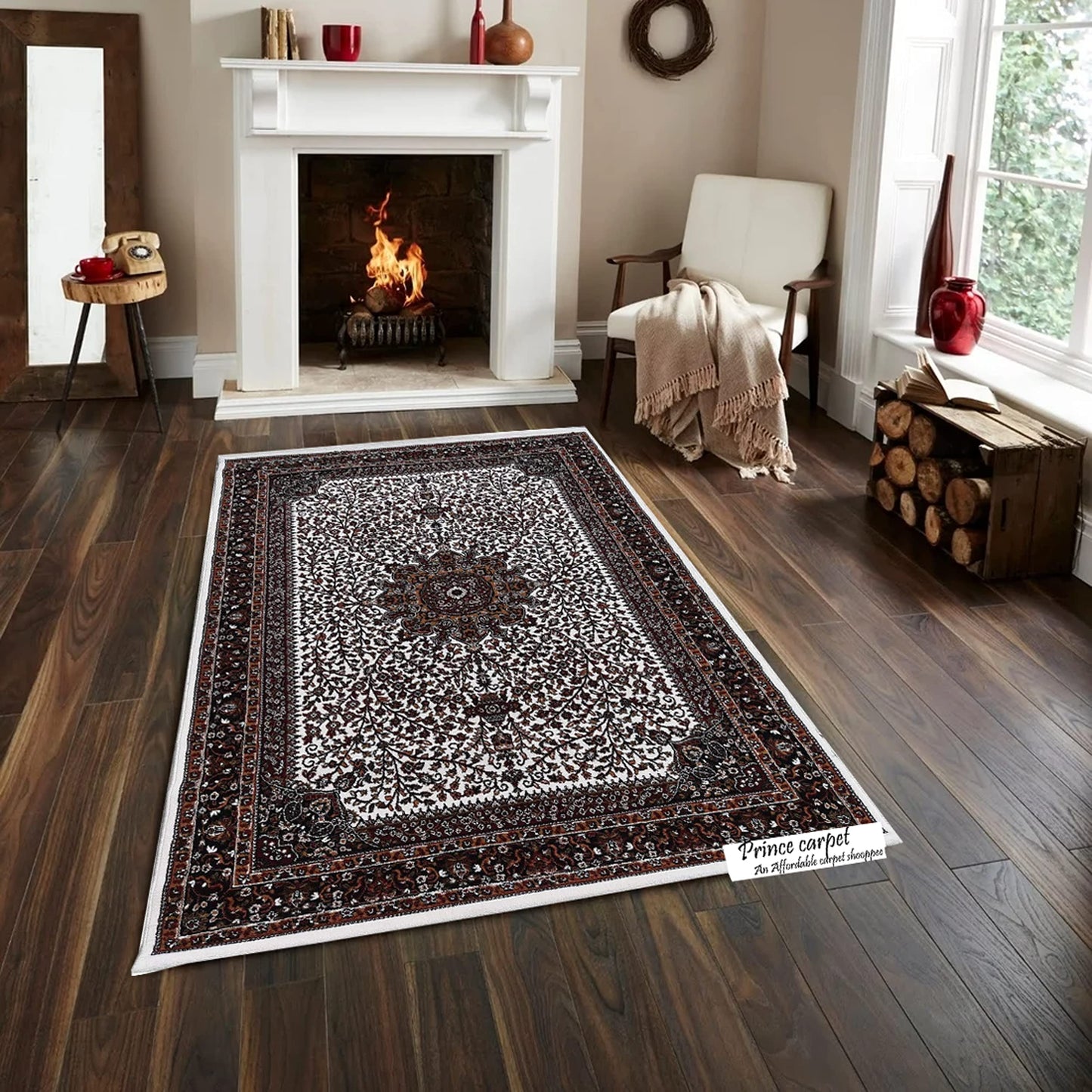 Prince Carpets Kashmiri Supersoft Wool Blend Persian Design Carpet for Living Room Bedroom Drawing Room Hall Anti Slip Backing Thick Washable Carpet White Color 6 x 9 feet