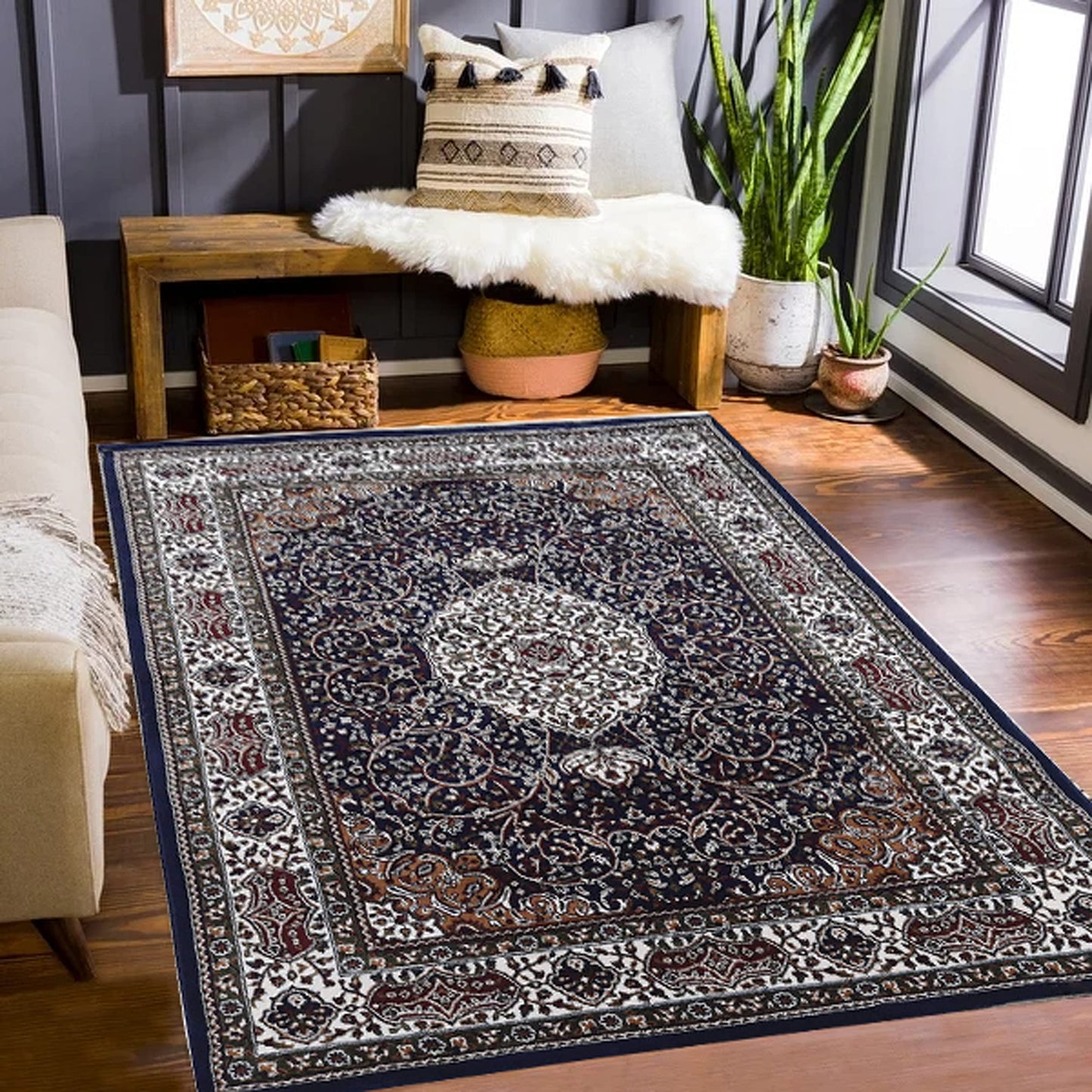 Prince Carpets Kashmiri Supersoft Wool Blend Persian Design Carpet for Living Room Bedroom Drawing Room Hall Anti Slip Backing Thick Washable Carpet Blue Color 6 x 9 feet