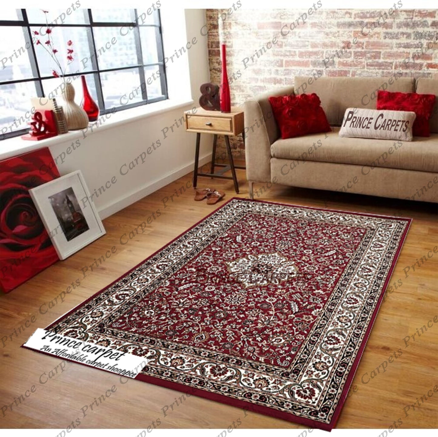Prince Carpets Kashmiri Supersoft Wool Blend Persian Carpet for Living Room1 inch Thickness Anti Skid Washable Carpet Maroon Color 8 x 11 feet