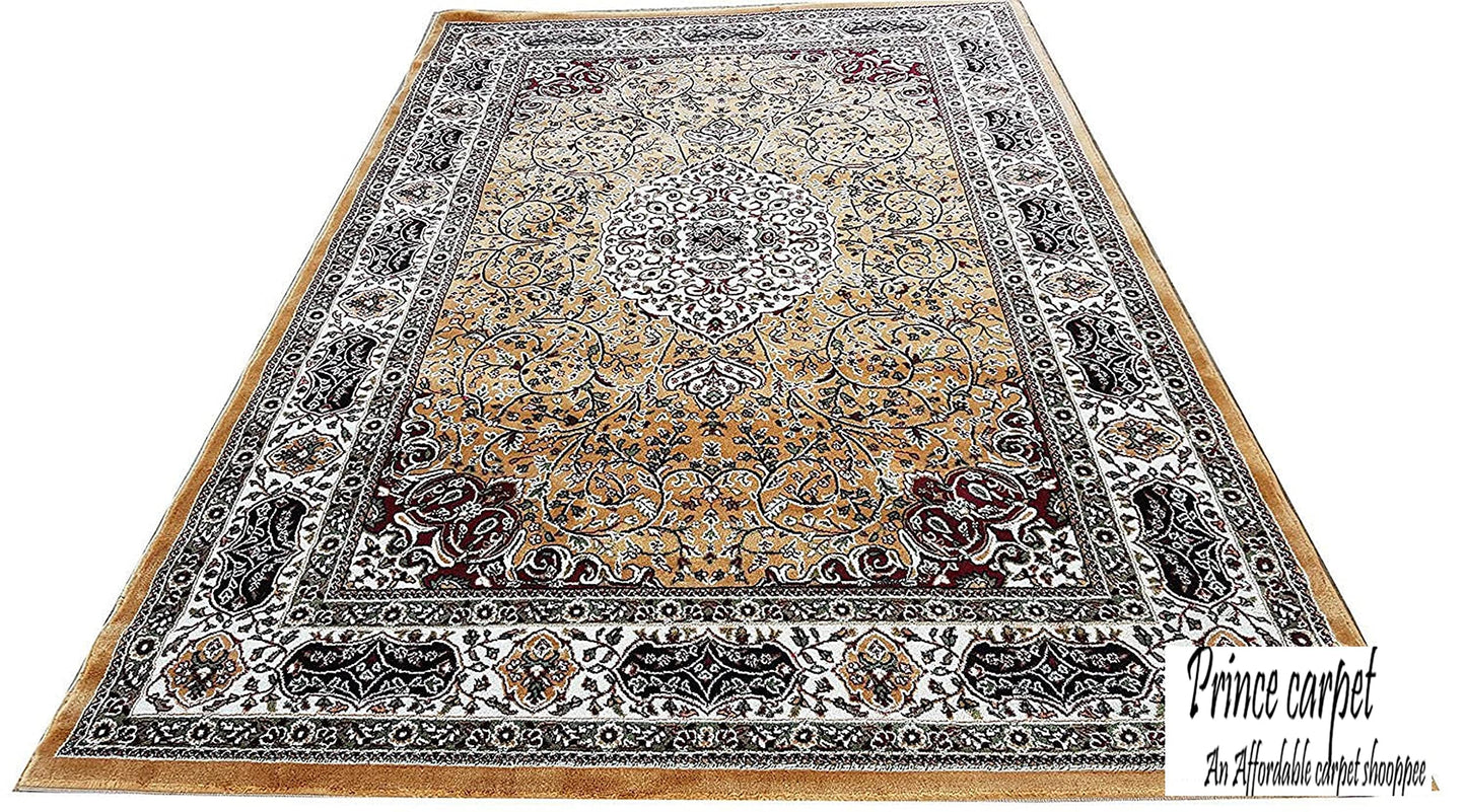 Prince Carpets Kashmiri Supersoft Wool Blend Persian Carpet for Living Room Bedroom Dining Room Hall with 15mm Thickness Non Slip Washable Carpet Gold Color 9 x 12 feet