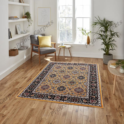 Prince Carpets Kashmiri Supersoft Wool Blend Persian Carpet for Living Room Bedroom Dining Room Hall with 15mm Thickness Non Slip Washable Carpet Gold Color 6 x 9 feet