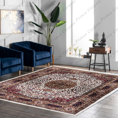 Prince Carpets Kashmiri Supersoft Wool Blend Persian Carpet for Living Room1 inch Thickness Anti Skid Washable Carpet White Color 8 x 11 feet