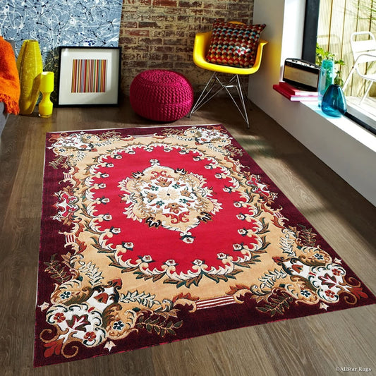 Prince Carpets Embossed Carved Supersoft Wool Blend Modern Design Carpets for Living Room Home Bedroom Drawing Room Hall with 1 inch Thickness Red Color 4 x 5 feet